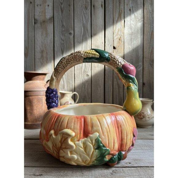 Earthenware Harvest Basket – Ceramic Fall Centerpiece (with Original Box!) - Picture 3 of 5